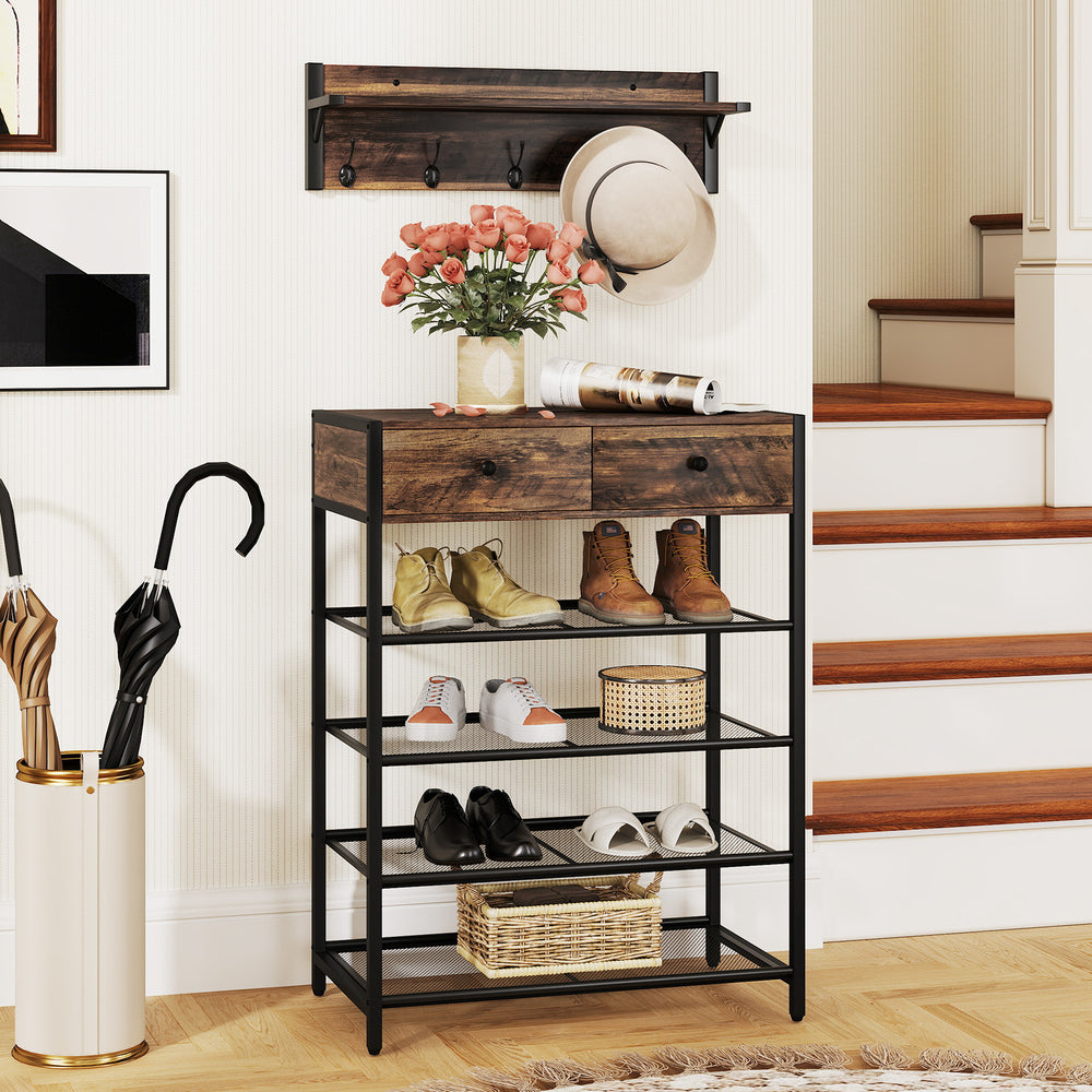 5-tier shoe rack with wall-mounted coat hanger in brown, featuring drawers and hooks, ideal for entryways or small.