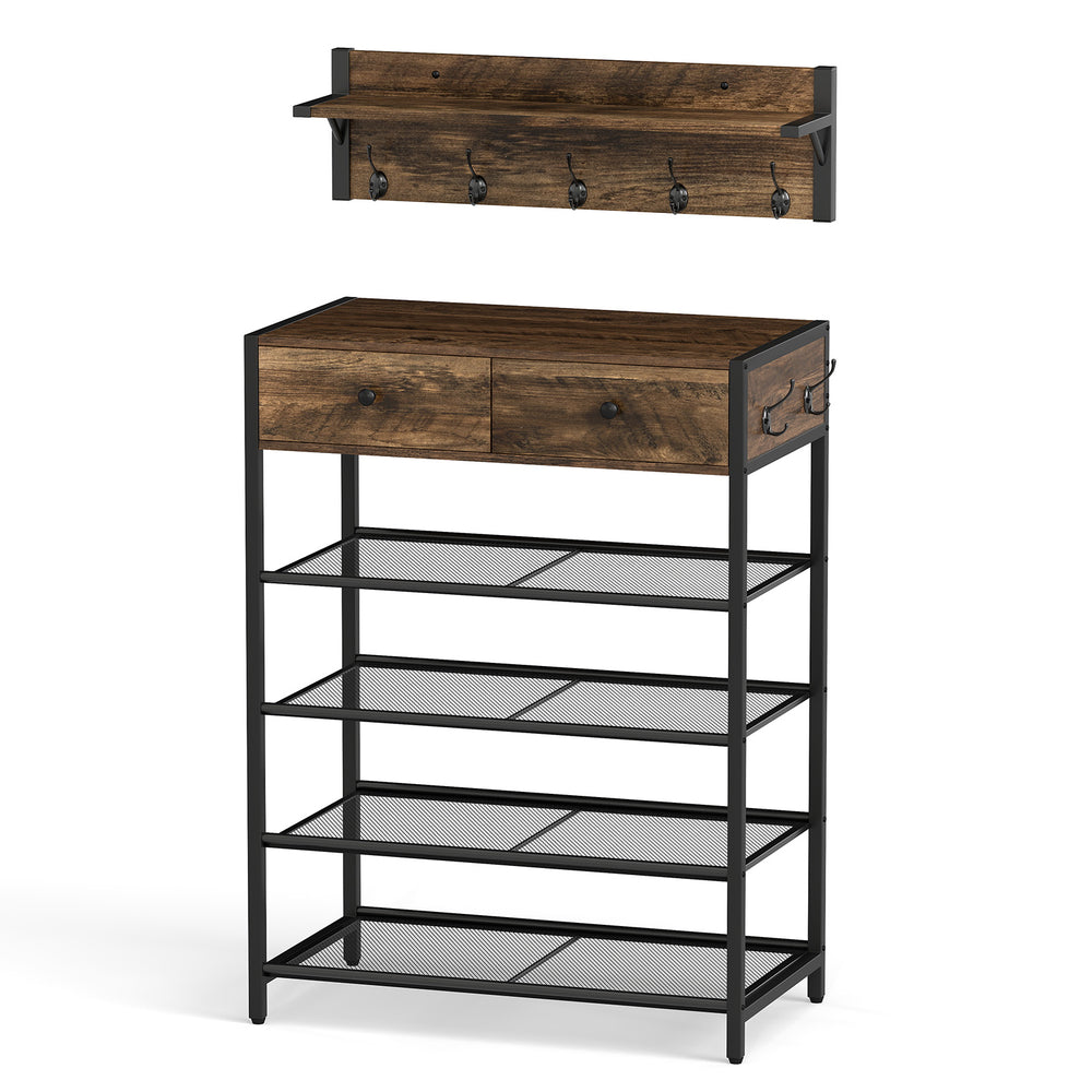 Coat rack shoe stand set in brown with 5-tier shoe rack, 2 drawers, and wall-mounted coat hanger for entryway.