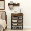 5-tier shoe rack with wall-mounted coat hanger in brown, featuring drawers and hooks for organized entryway storage.