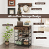 Coat rack shoe stand set in brown with 5 hooks, 2 drawers, and 4 mesh shelves for entryway organization.