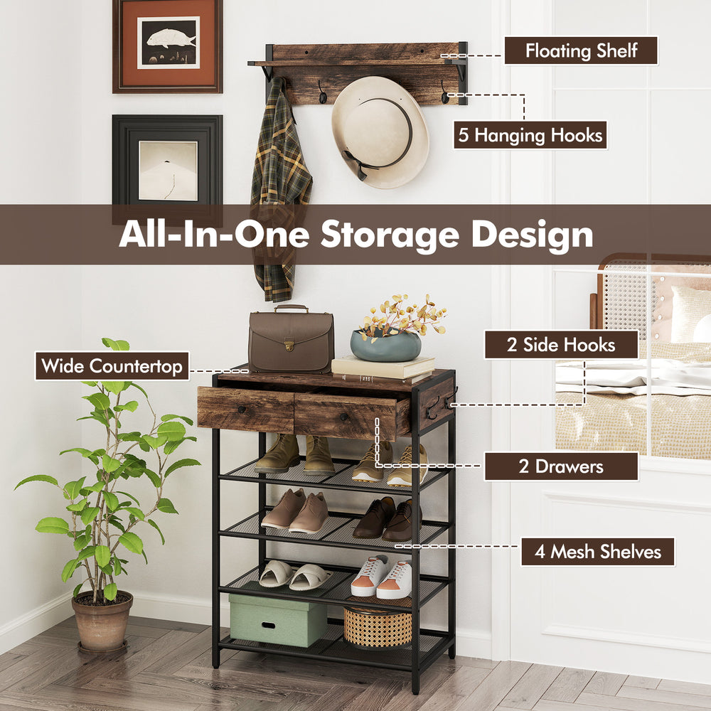 Coat rack shoe stand set in brown with 5 hooks, 2 drawers, and 4 mesh shelves for entryway organization.