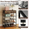 5-tier shoe rack with brown finish, 2 drawers, and wall-mounted coat hanger, perfect for small spaces and entryways.