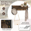 Wall-mounted coat rack with 5 hooks and floating shelf in brown, ideal for small spaces and entryways.