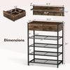 5-tier shoe rack with wall-mounted coat hanger, brown finish, featuring 2 drawers and 4 mesh shelves for entryway.