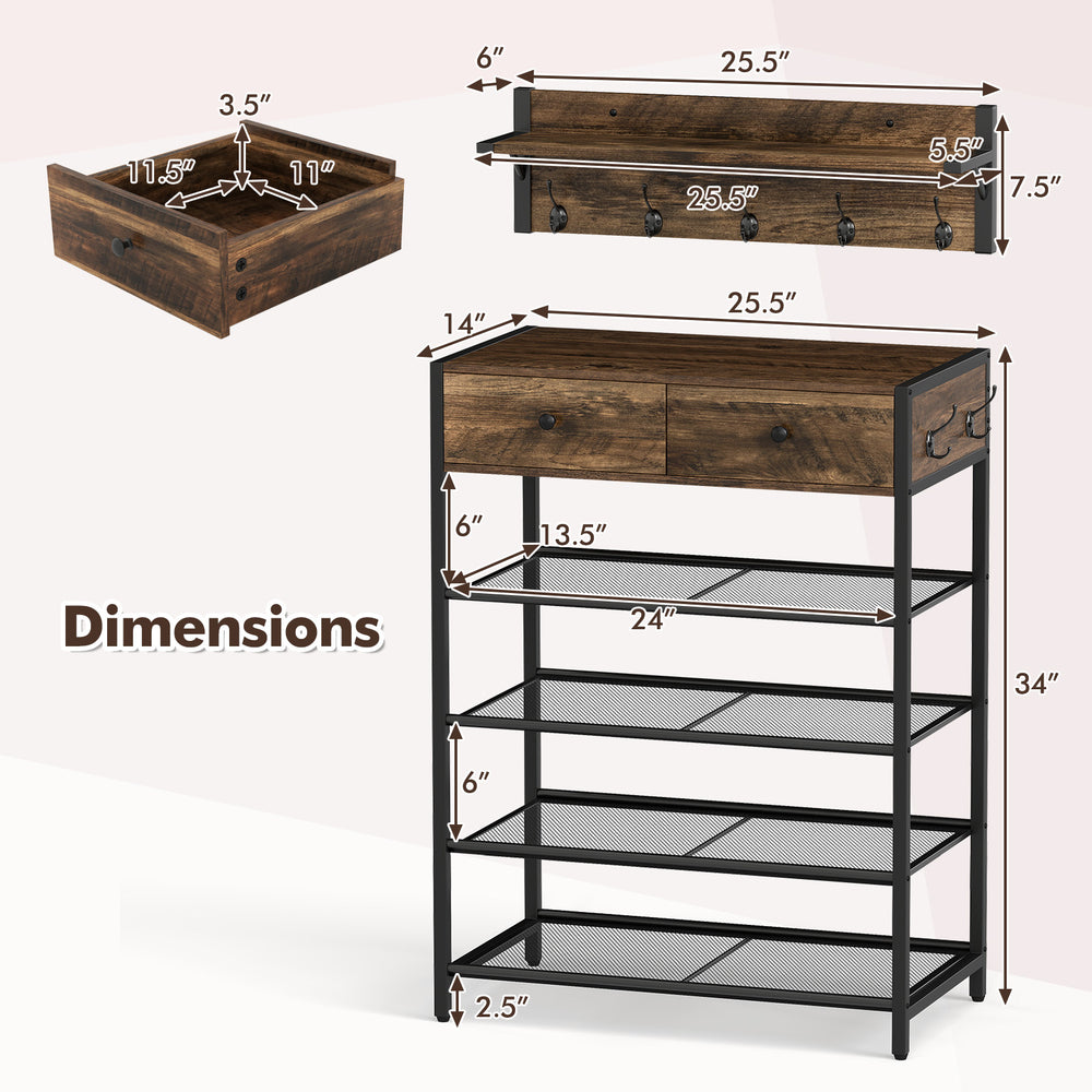 5-tier shoe rack with wall-mounted coat hanger, brown finish, featuring 2 drawers and 4 mesh shelves for entryway.