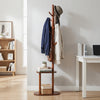 Coat rack with rubber wood hooks and two storage shelves, featuring a tall frame for efficient organization in any room.