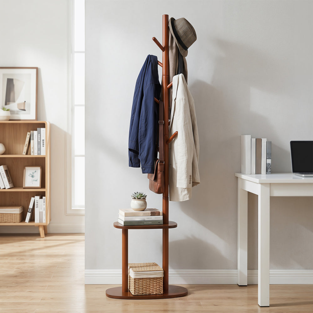 Coat rack with rubber wood hooks and two storage shelves, featuring a tall frame for efficient organization in any room.
