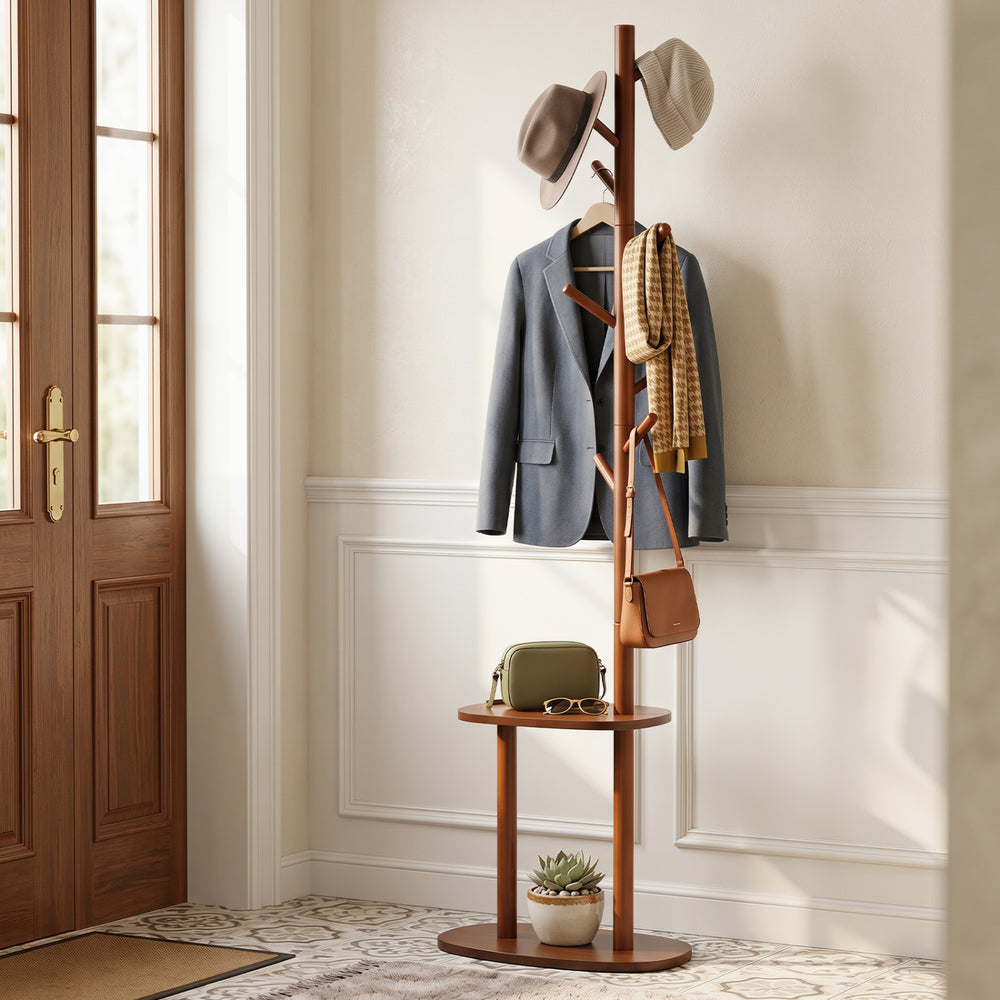 Coat rack showcasing a stable structure with rubber wood hooks and two shelves, perfect for stylish entryway.