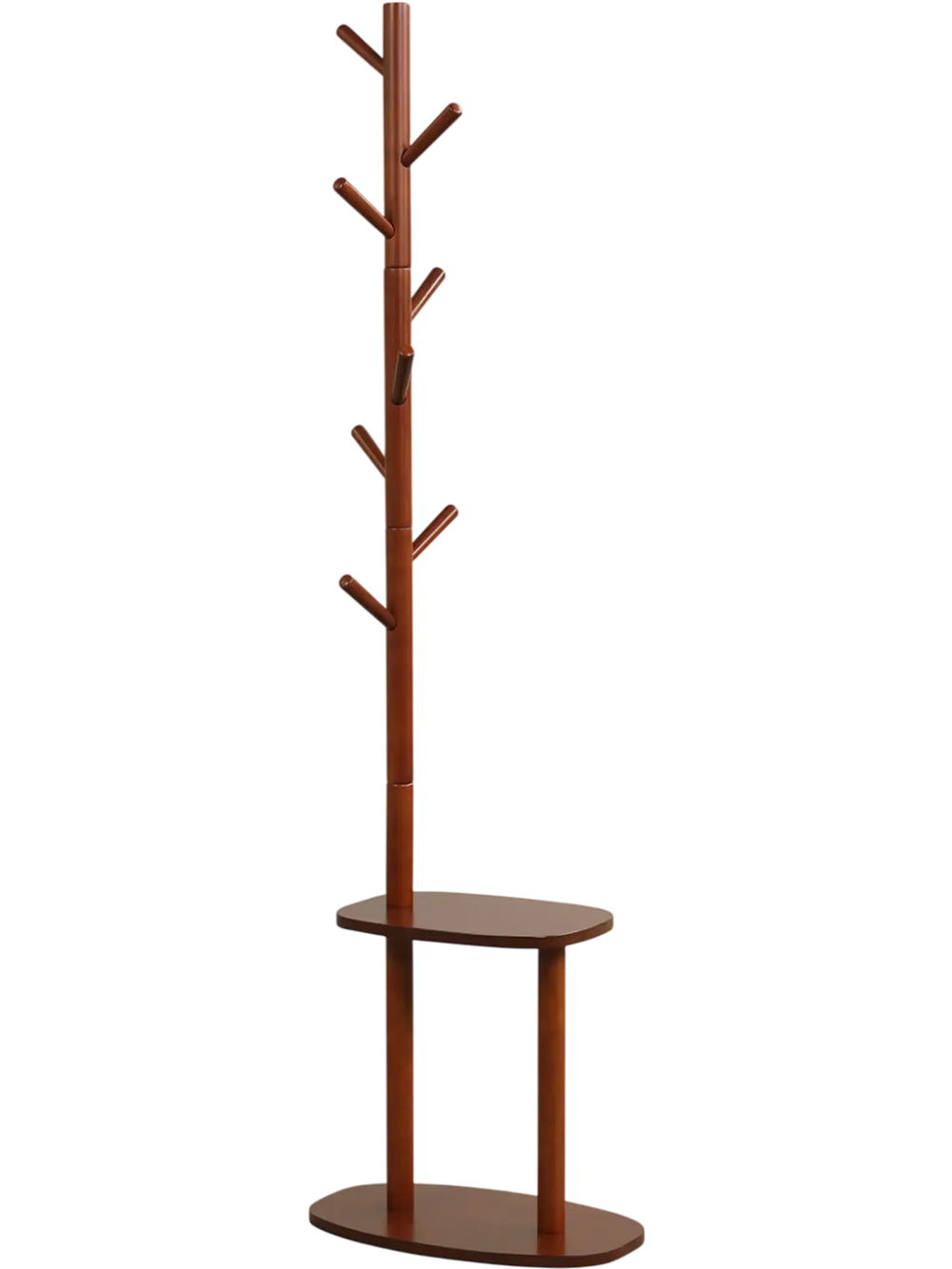 Coat rack with solid rubber wood frame and two shelves, designed for efficient storage in entryways and living rooms.