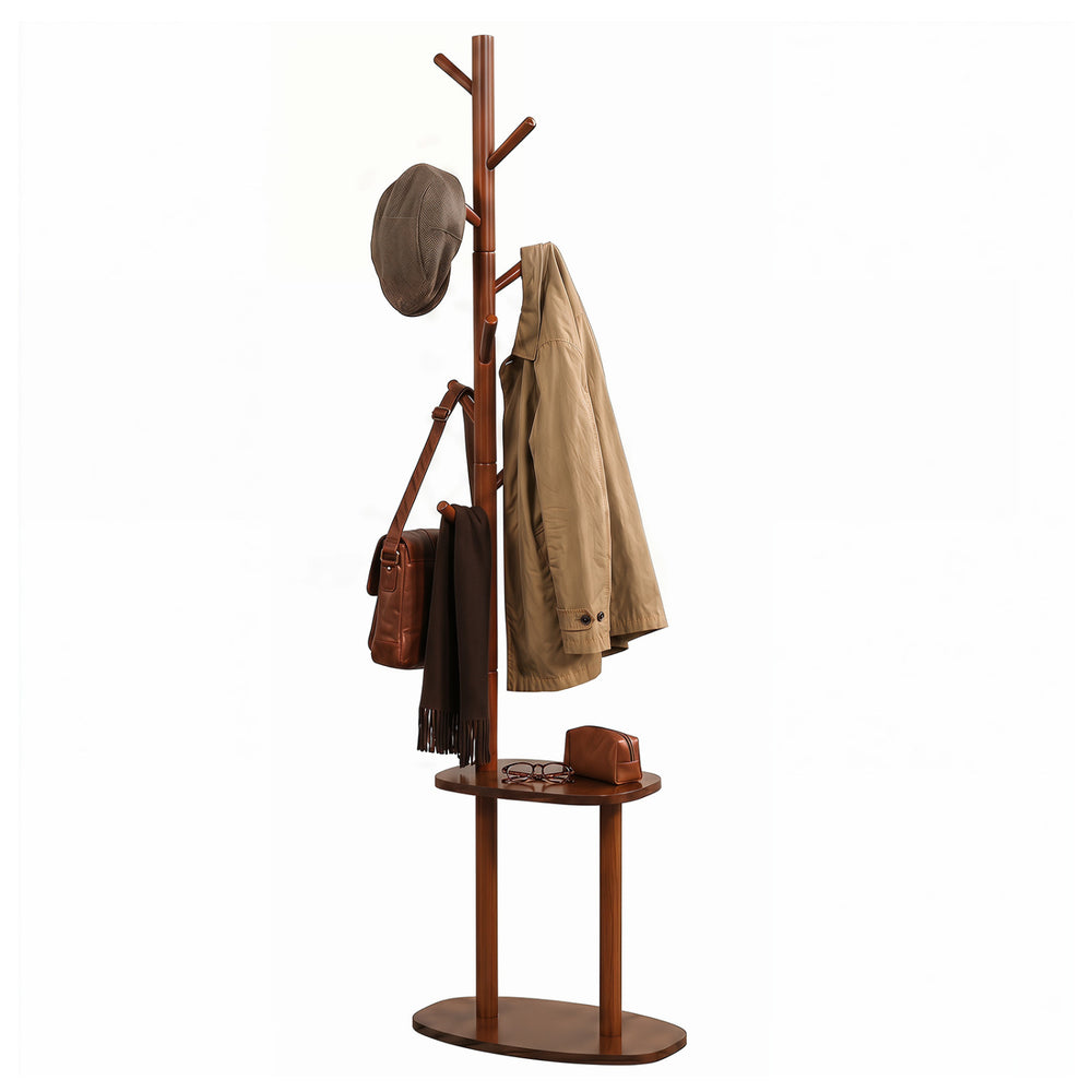 Coat rack featuring a tall design with staggered rubber wood hooks and two shelves, ideal for stylish home organization.