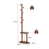 Coat rack with 8 rubber wood hooks and 2 storage shelves in walnut finish, ideal for entryways and space-saving use.