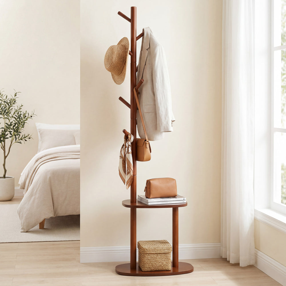 Coat rack with 8 rubber wood hooks and 2 storage shelves in walnut finish, perfect for entryways and bedrooms.