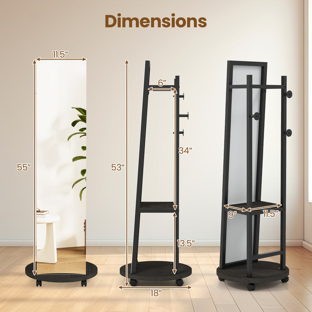 Dimensions of the freestanding walnut coat rack with full-length mirror, showcasing height and width for compact spaces.