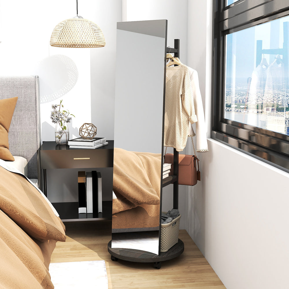 Freestanding coat rack with full-length mirror, walnut finish, featuring 3 hooks and storage shelves for compact spaces.