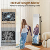 Freestanding coat rack with full-length mirror, walnut finish, featuring explosion-proof glass and storage for shoes.