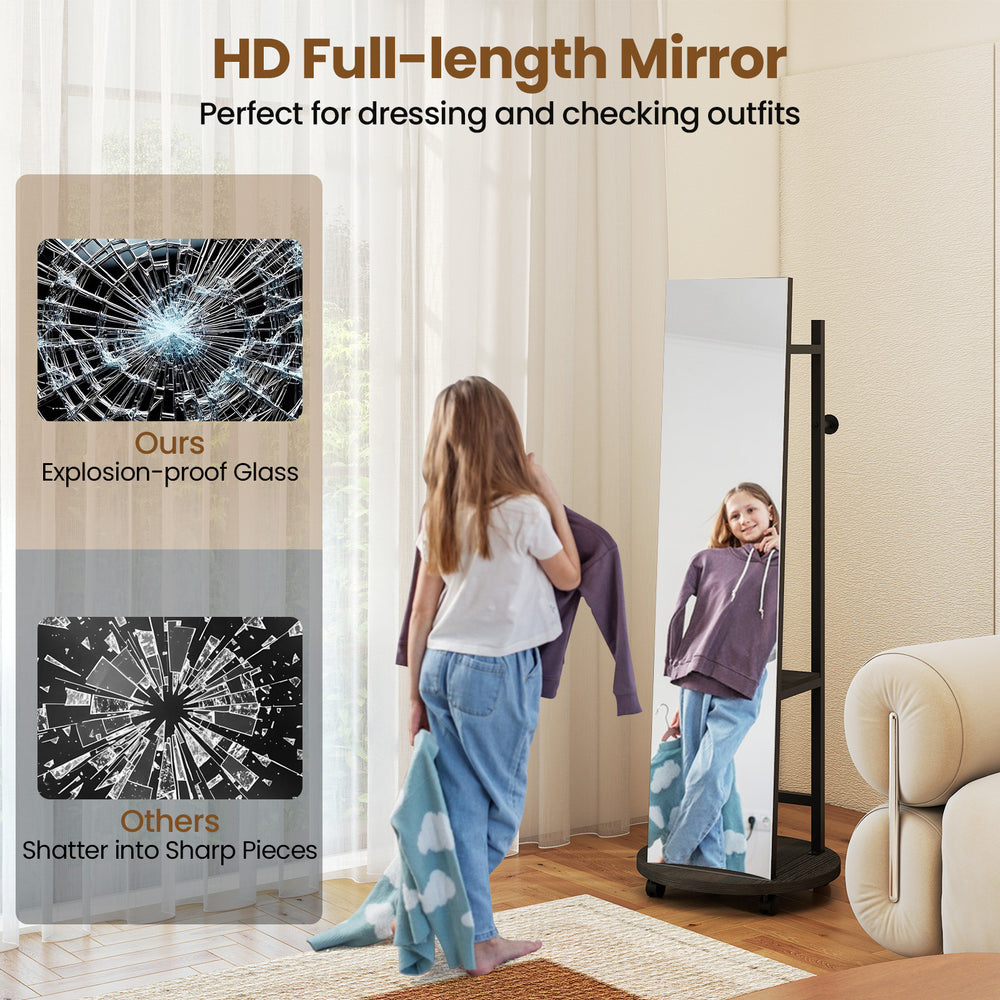 Freestanding coat rack with full-length mirror, walnut finish, featuring explosion-proof glass and storage for shoes.
