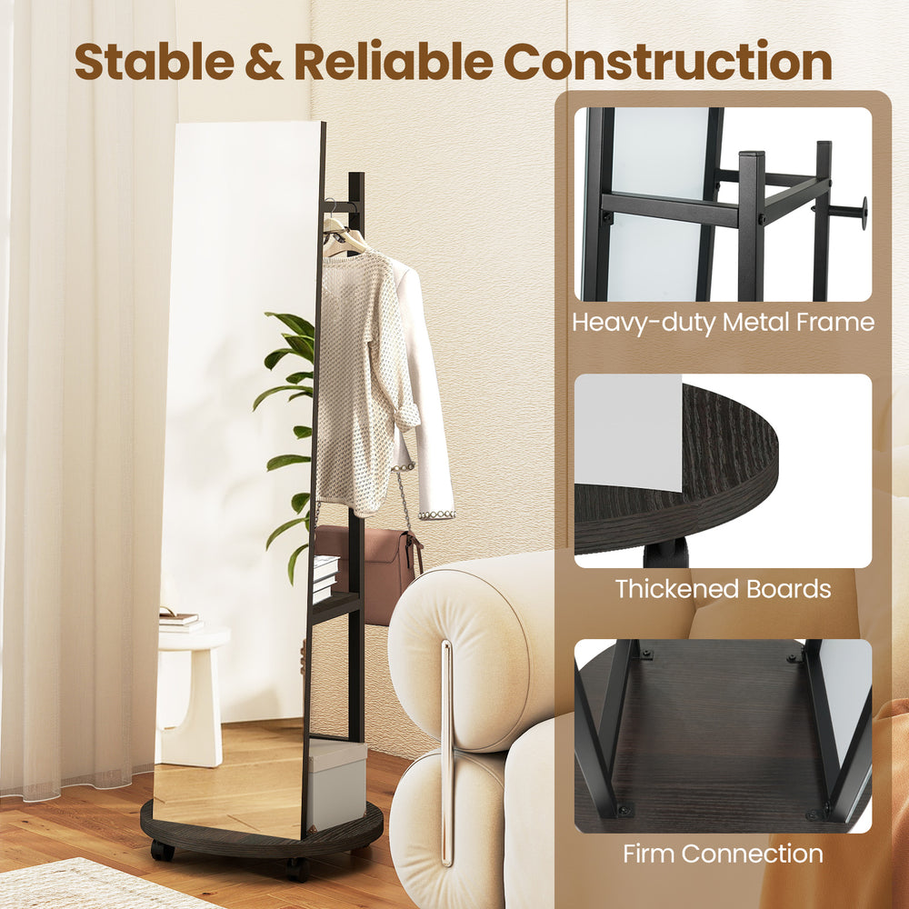 Close-up of the robust metal frame and thickened boards of the walnut coat rack with full-length mirror for durability.