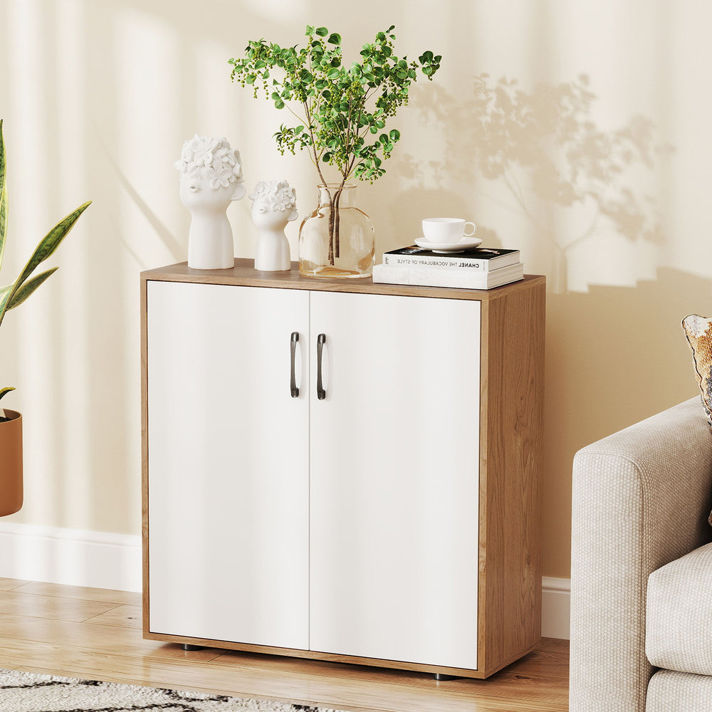 Coffee bar cabinet with white doors and natural wood finish, featuring a spacious countertop and adjustable shelf for.