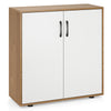 Two-door coffee bar cabinet in natural wood finish with adjustable shelf, ideal for living or dining room storage.