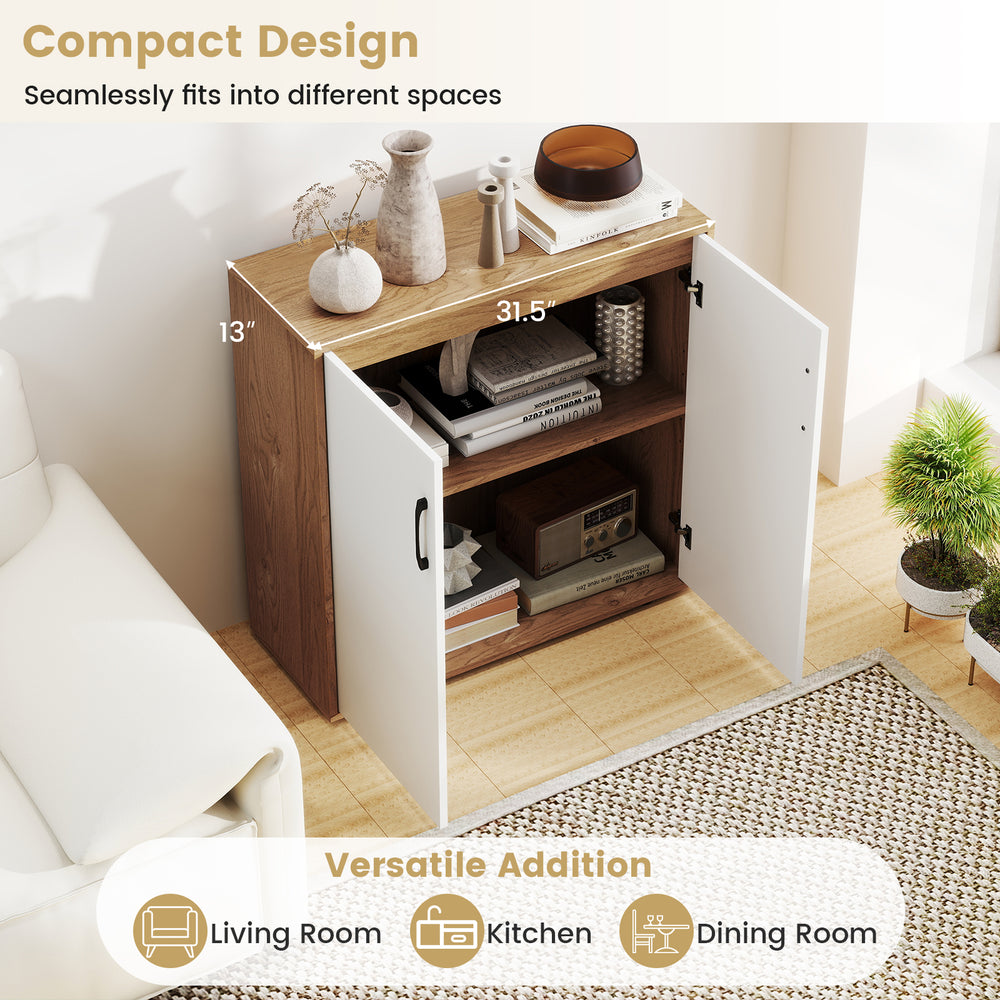 Coffee bar cabinet with 5-position adjustable shelf in natural finish, perfect for living room or dining room storage.