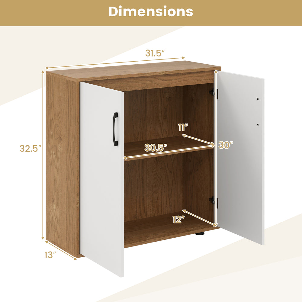 Coffee bar cabinet with two doors, adjustable shelf, and metal handles, perfect for living room or dining room use.