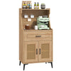 Coffee bar cabinet in oak with rattan doors, pegboard storage, and adjustable shelves for kitchen organization.
