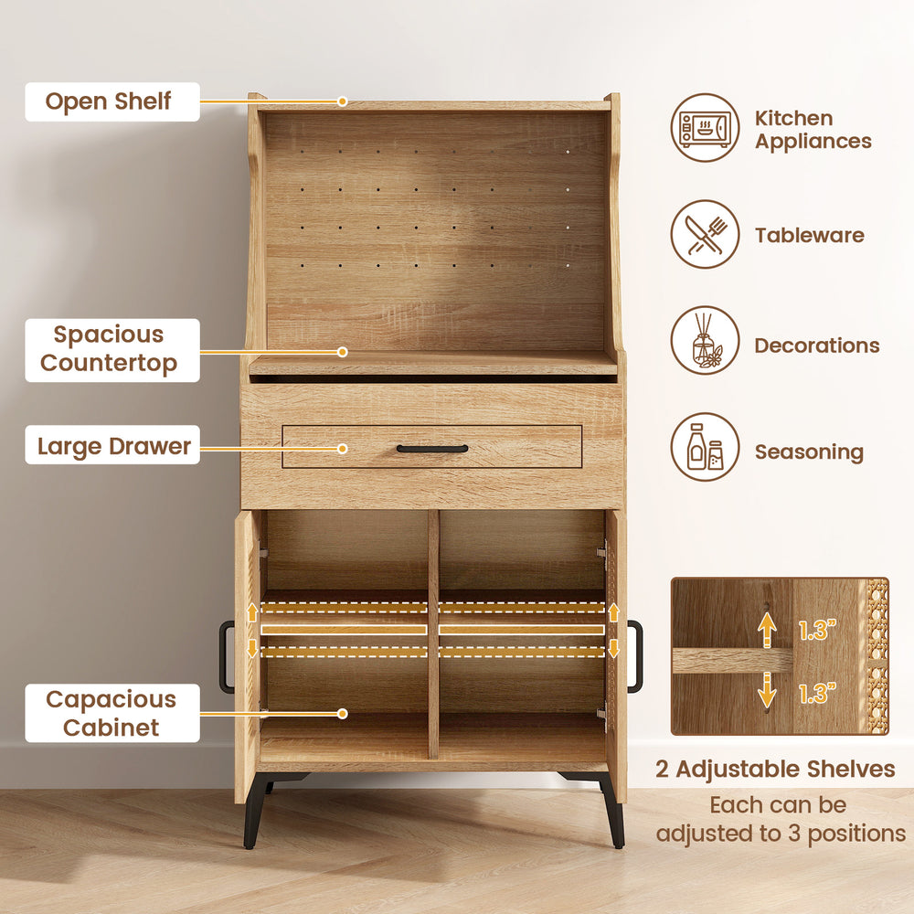 Coffee bar cabinet in oak with pegboard storage, adjustable shelves, and rattan doors for kitchen organization.
