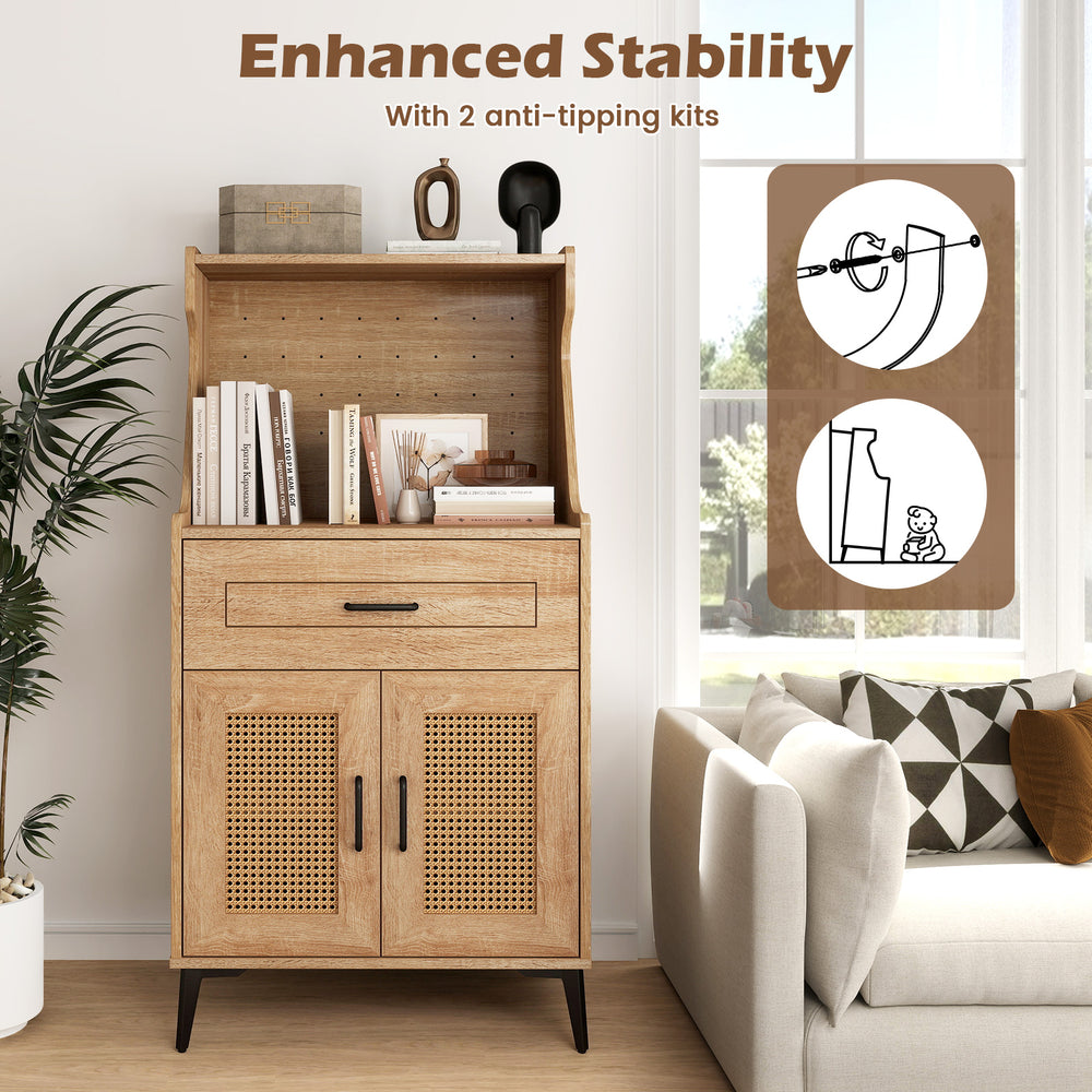 Coffee bar cabinet with anti-tipping kits, rattan doors, and ample storage space for safe kitchen use and organization.