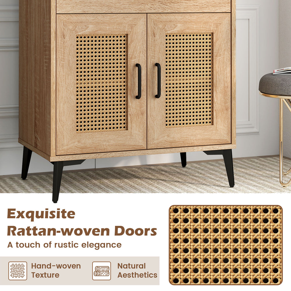 Coffee bar cabinet with rattan-woven doors, oak finish, and adjustable shelves for stylish kitchen storage.