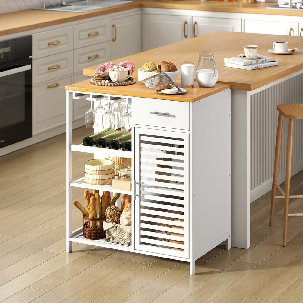 Coffee bar cabinet in white with bamboo top, featuring a wine rack, glass holder, and spacious storage for kitchen essentials.
