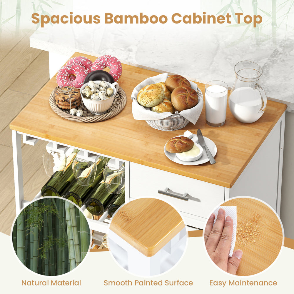 Spacious bamboo cabinet top of the coffee bar cabinet features a smooth surface, ideal for serving and easy maintenance.