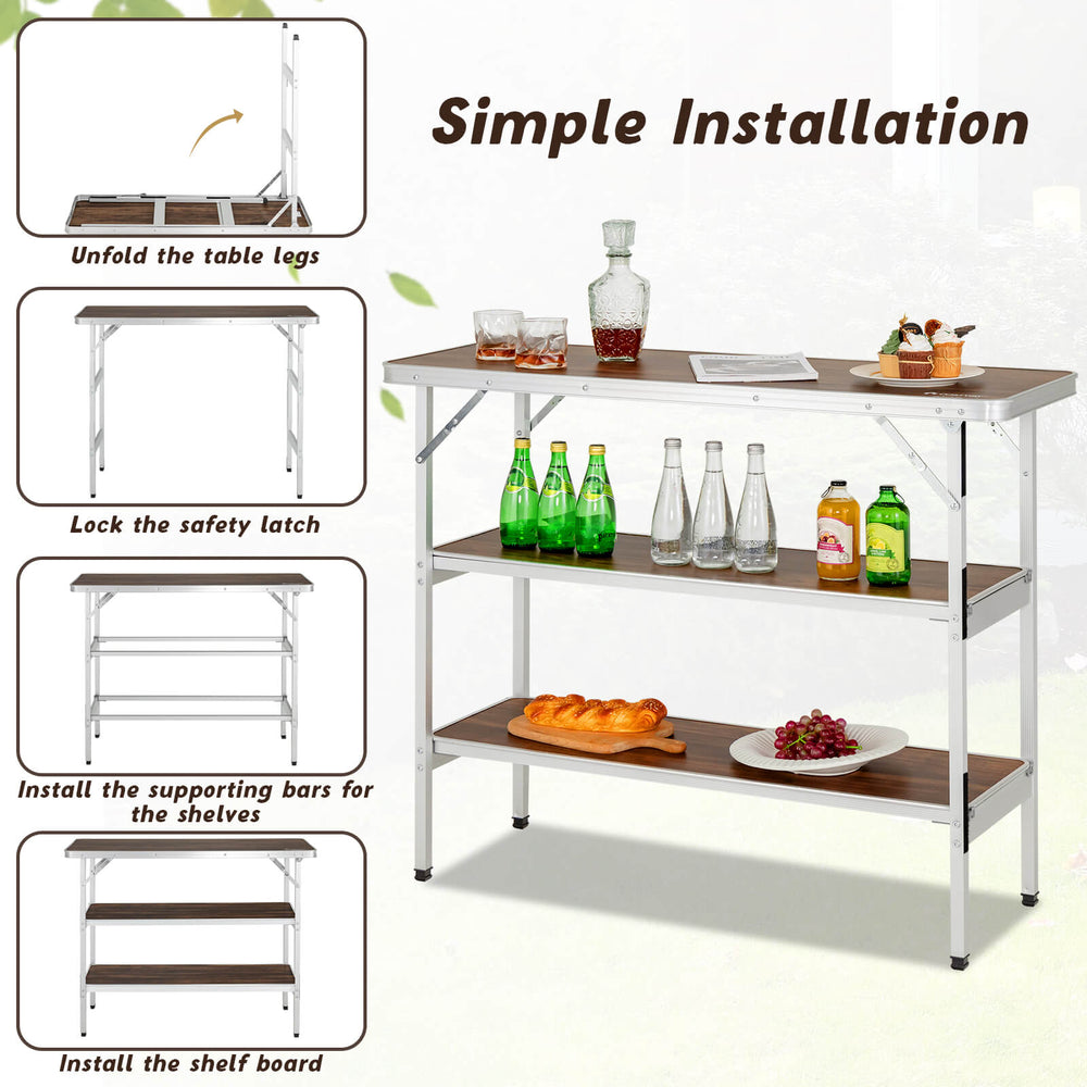 Folding camping table with 2-tier open shelves, aluminum frame, ideal for outdoor BBQ and easy storage.