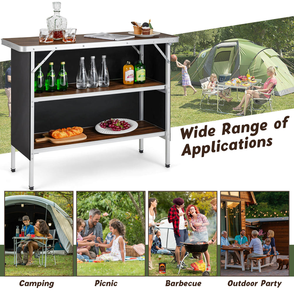 Folding camping table with 2-tier open shelves, aluminum construction, ideal for outdoor BBQ and picnics.