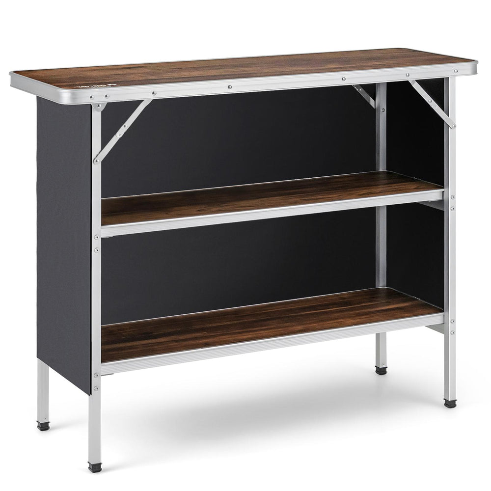 Folding camping table with 2-tier open shelves, aluminum frame, ideal for outdoor BBQ and picnics.