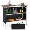 Folding camping table with 2-tier open shelves, aluminum frame, ideal for outdoor BBQs and picnics, shown with drinks.