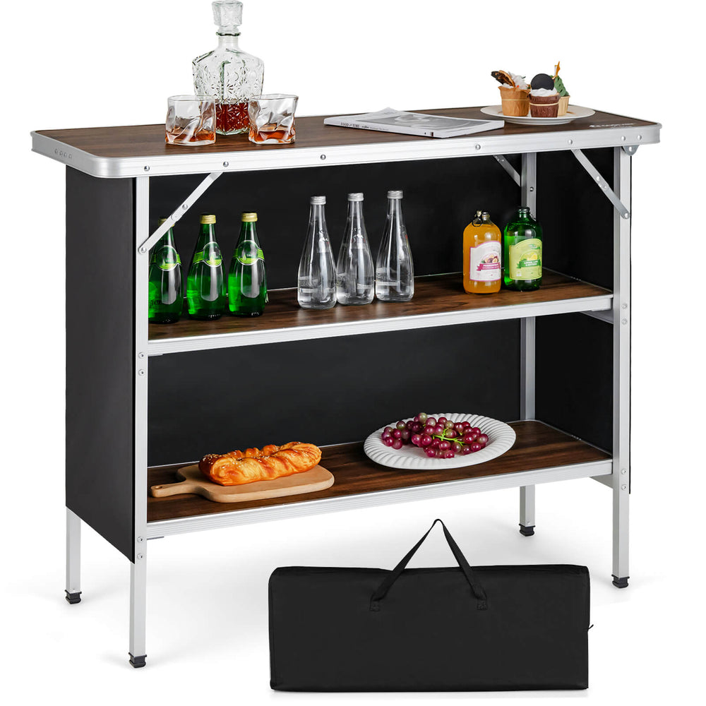 Folding camping table with 2-tier open shelves, aluminum frame, ideal for outdoor BBQs and picnics, shown with drinks.