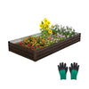 Large outdoor metal planter box in coffee color filled with vibrant flowers and accompanied by gardening gloves for.