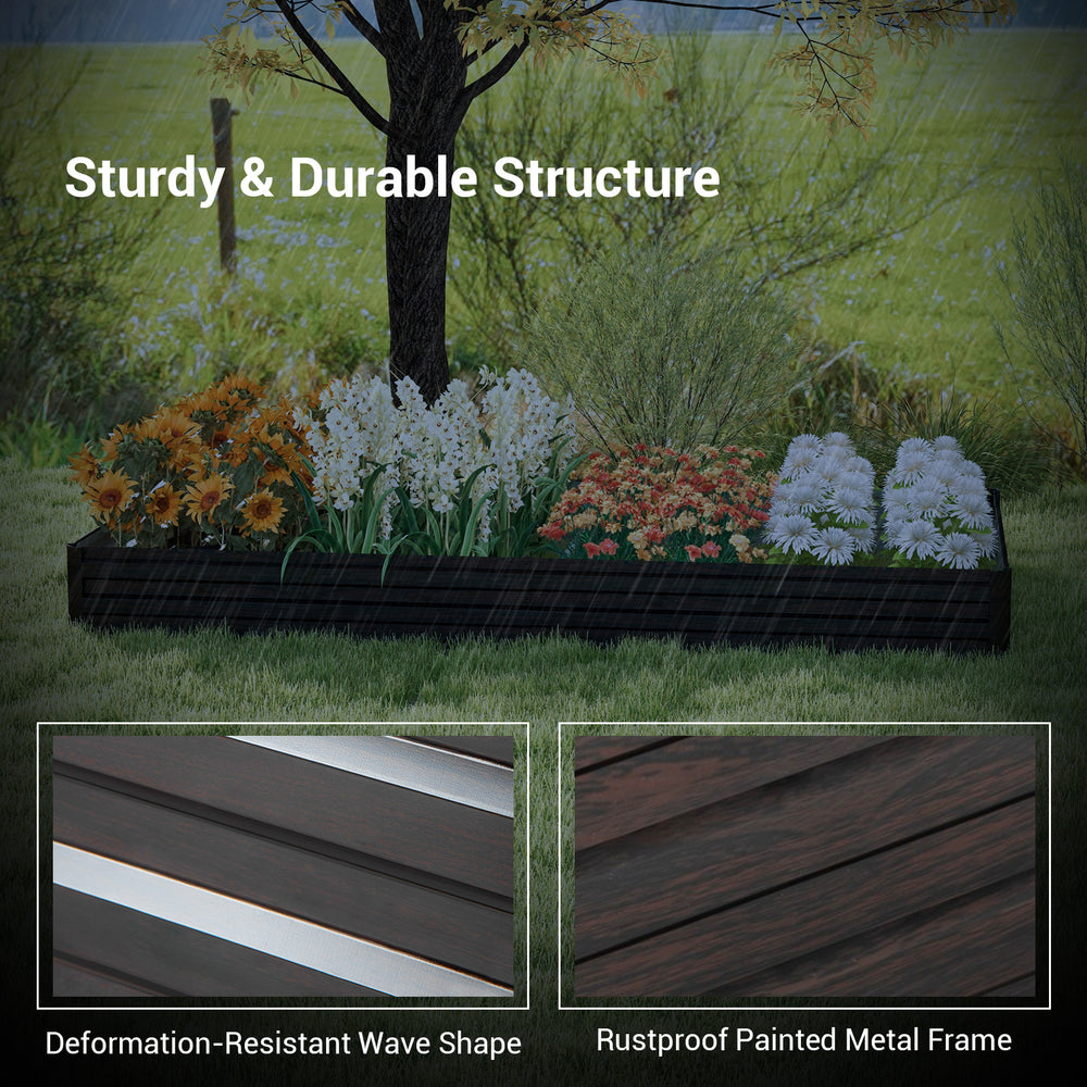 Large outdoor metal planter box with rustproof frame and wave-shaped design, ideal for growing vegetables and herbs.