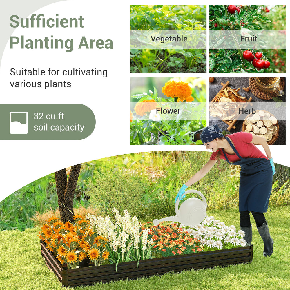 Large outdoor metal planter box for vegetables, flowers, and herbs with a sturdy design, ideal for gardening.