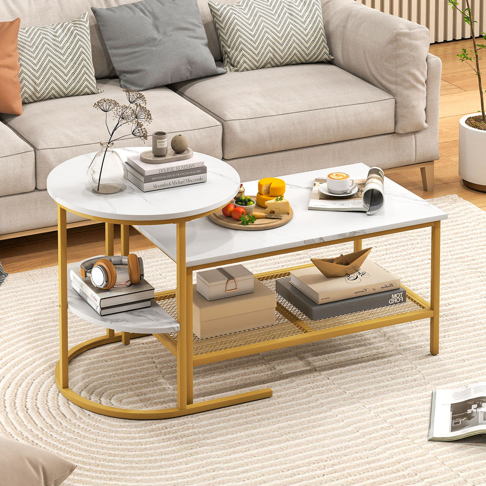 Coffee Table 2-Tier Rectangle Coffee Table and Side End Table with Storage Shelves-White and Golden - Gallery View 1 of 10