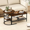 Rustic brown 2-tier coffee table with round and rectangle tops, featuring mesh shelf for storage, ideal for modern.