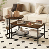 Rustic brown 2-tier coffee table with round and rectangle tops, featuring mesh shelves for storage in a modern living.