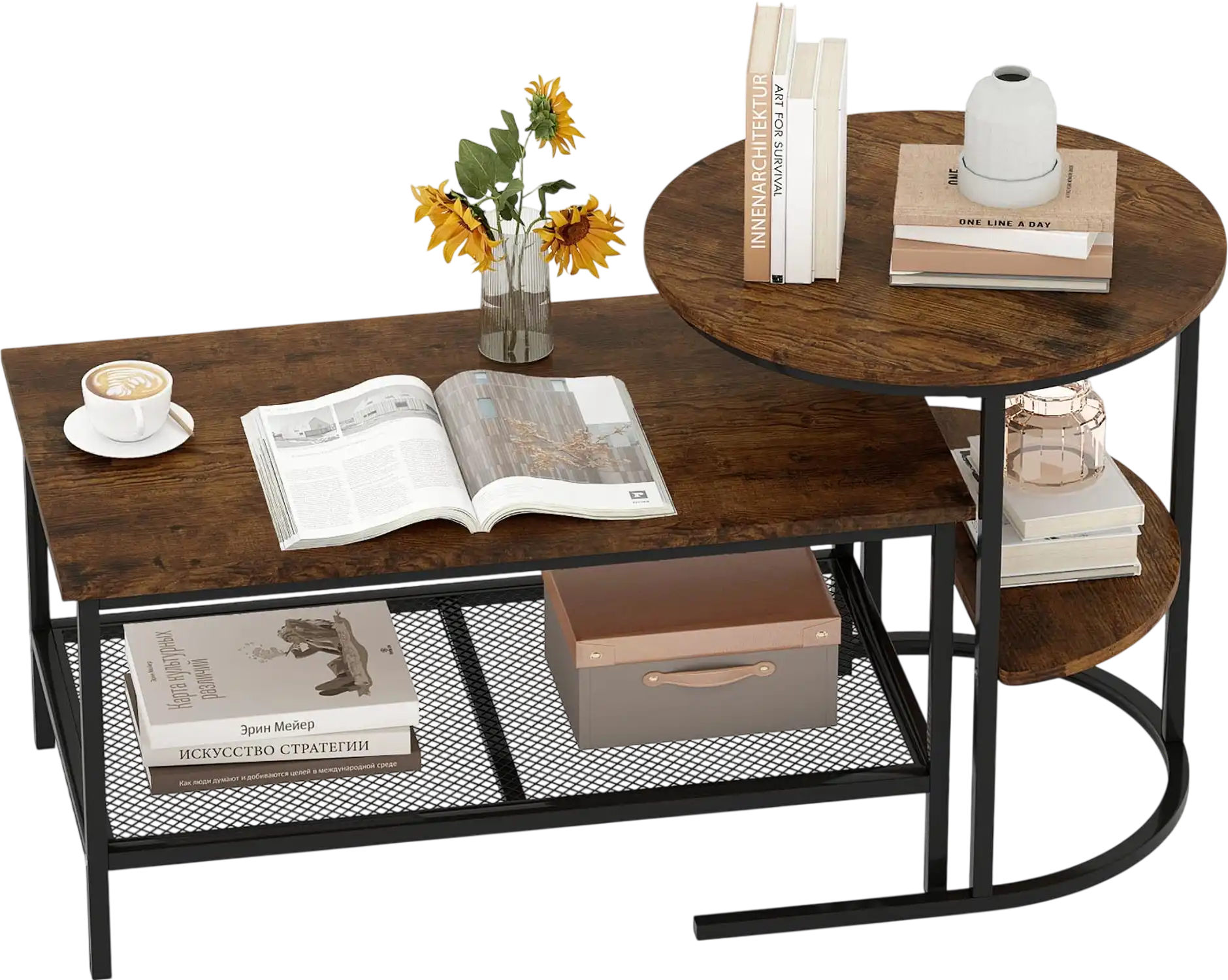 Costway 2-Piece 2-Tier Rectangle Coffee & Side End Table Set with Storage Shelves 43922013 New