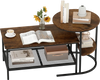 Rustic brown 2-tier coffee table with round and rectangle tops, featuring mesh shelf for storage in modern living.