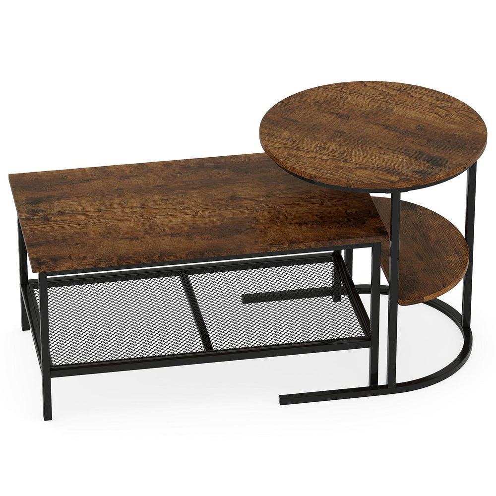 Rustic brown 2-tier coffee table with round and rectangle tops, mesh shelf, and sturdy metal frame for versatile.