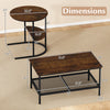 Dimensions of the rustic brown 2-tier rectangle coffee table and side end table with storage shelves.