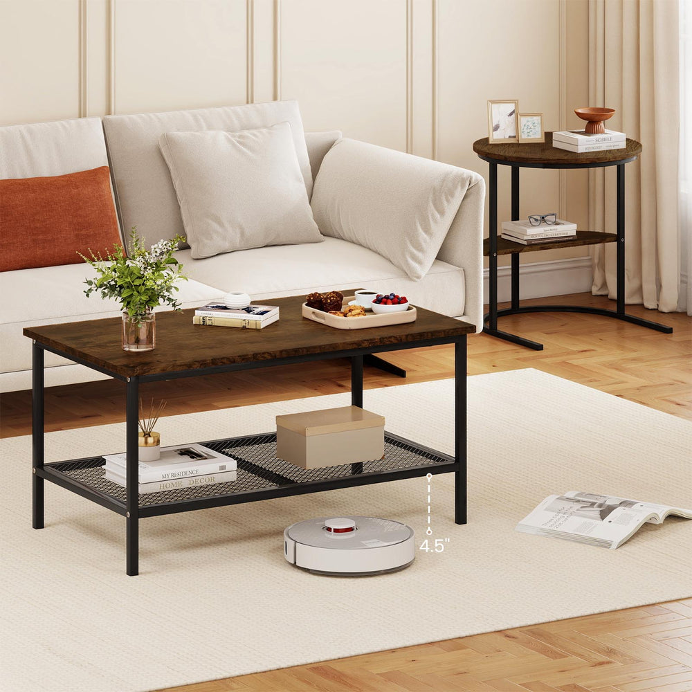 Rustic brown 2-tier rectangle coffee table with mesh shelf, perfect for modern living room storage and display.