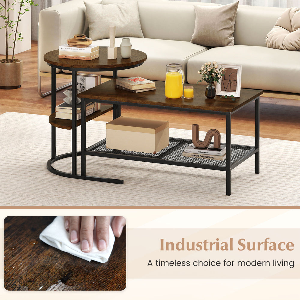 Rustic brown 2-tier coffee table with round and rectangle tops, featuring a mesh shelf for stylish storage in modern.