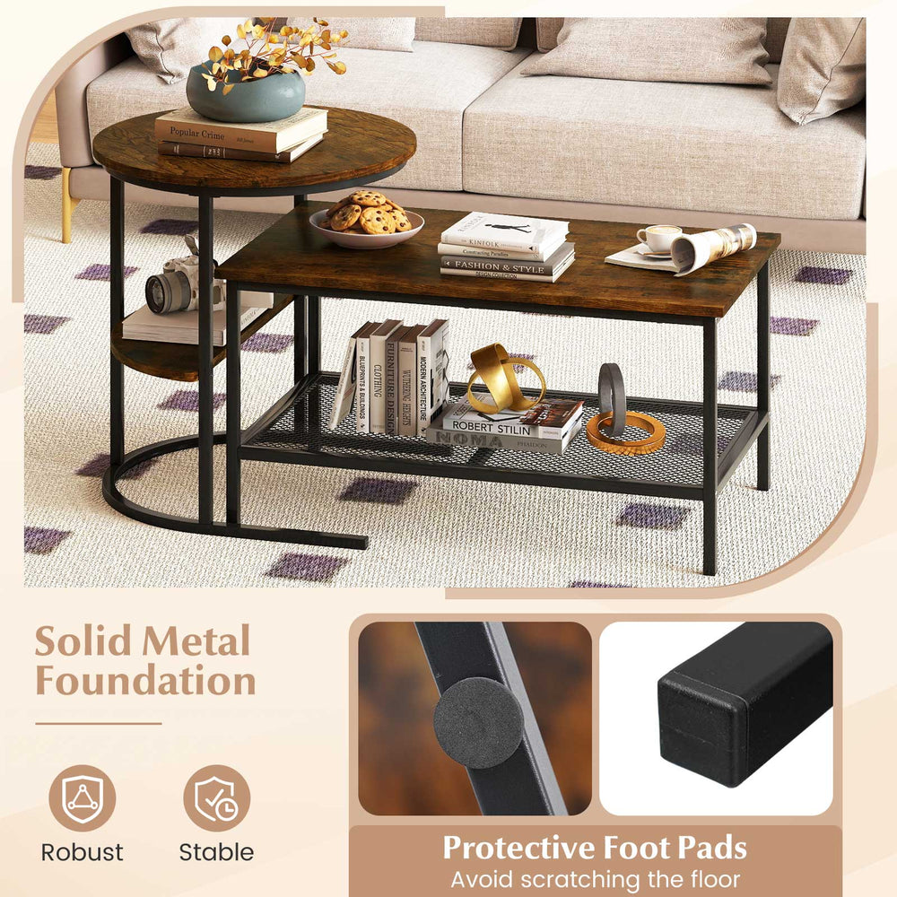 2-tier coffee table set in rustic brown with round and rectangle tops, featuring solid metal foundation and storage.
