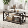 2-tier coffee table in rustic brown oak with storage shelf, featuring x-shaped metal accents for farmhouse style.